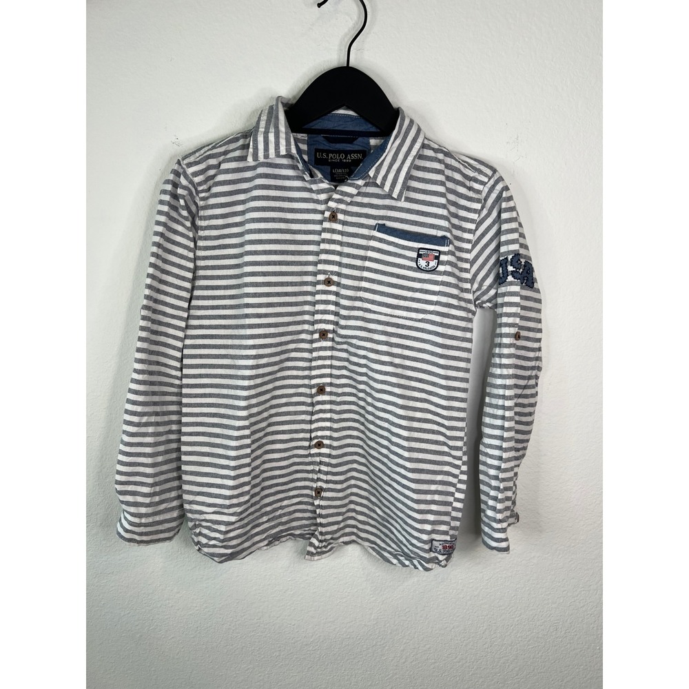 U.S. Polo Assn Boys Button Down Shirt Striped Long Sleeve Gray White Large 10/12
